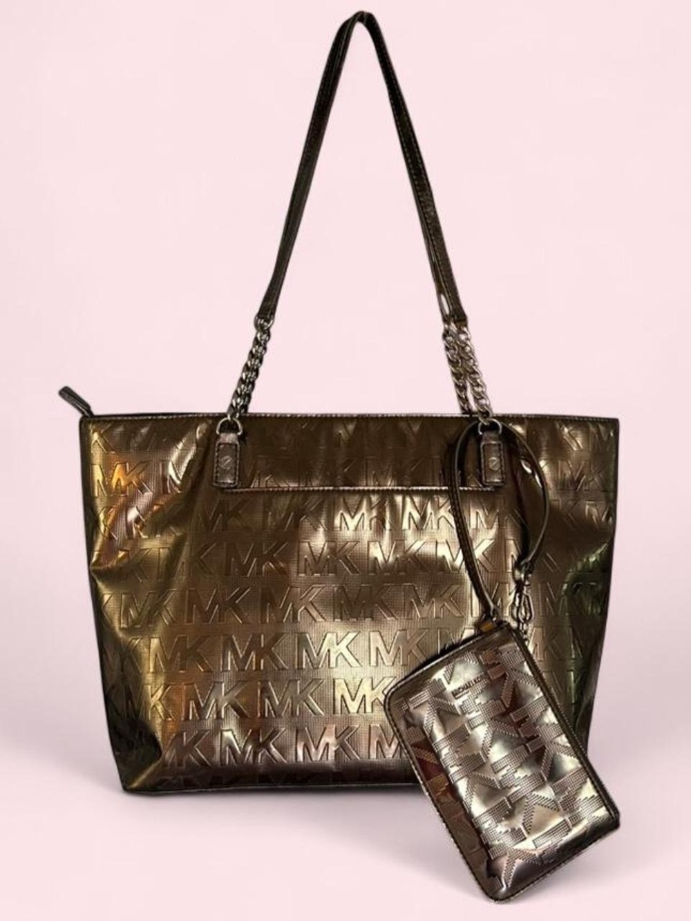 🩶Michael Kors Metallic Gunmetal MK Logo Tote with Wristlet🩶